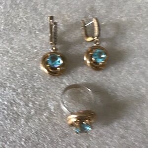 Elegant Gold and Blue topaz Jewellery earring Ring